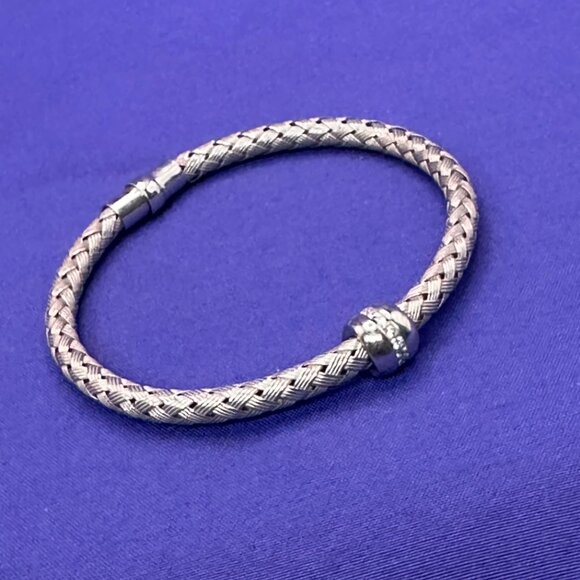 Sterling Italian Basket Weave Bracelet w/ Crystal Accents. Magnetic Closure - Picture 4 of 16